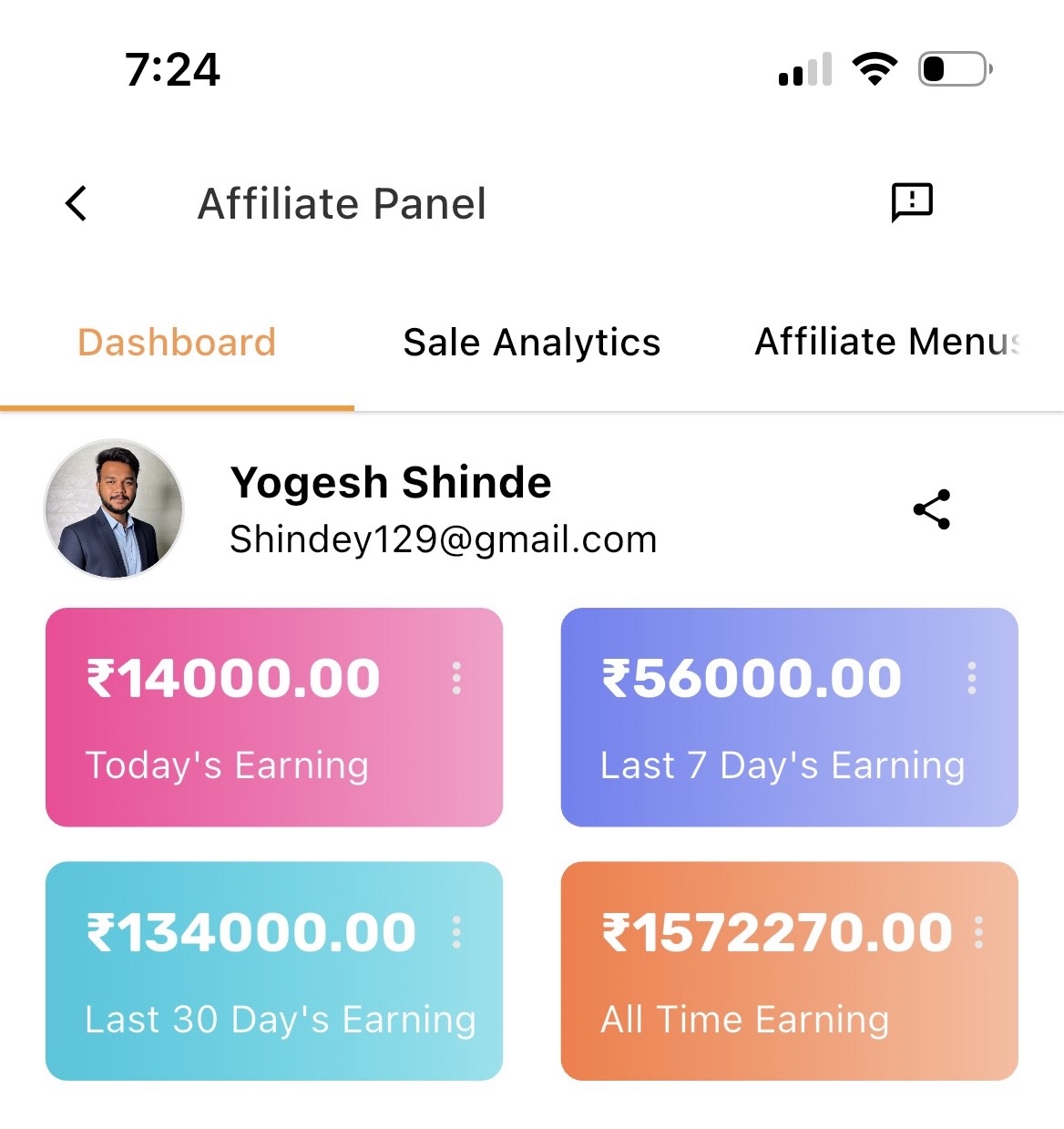 Affiliate Panel — Today ₹14,000 · 30 दिवसांत ₹1,34,000 · All time ₹15,72,270