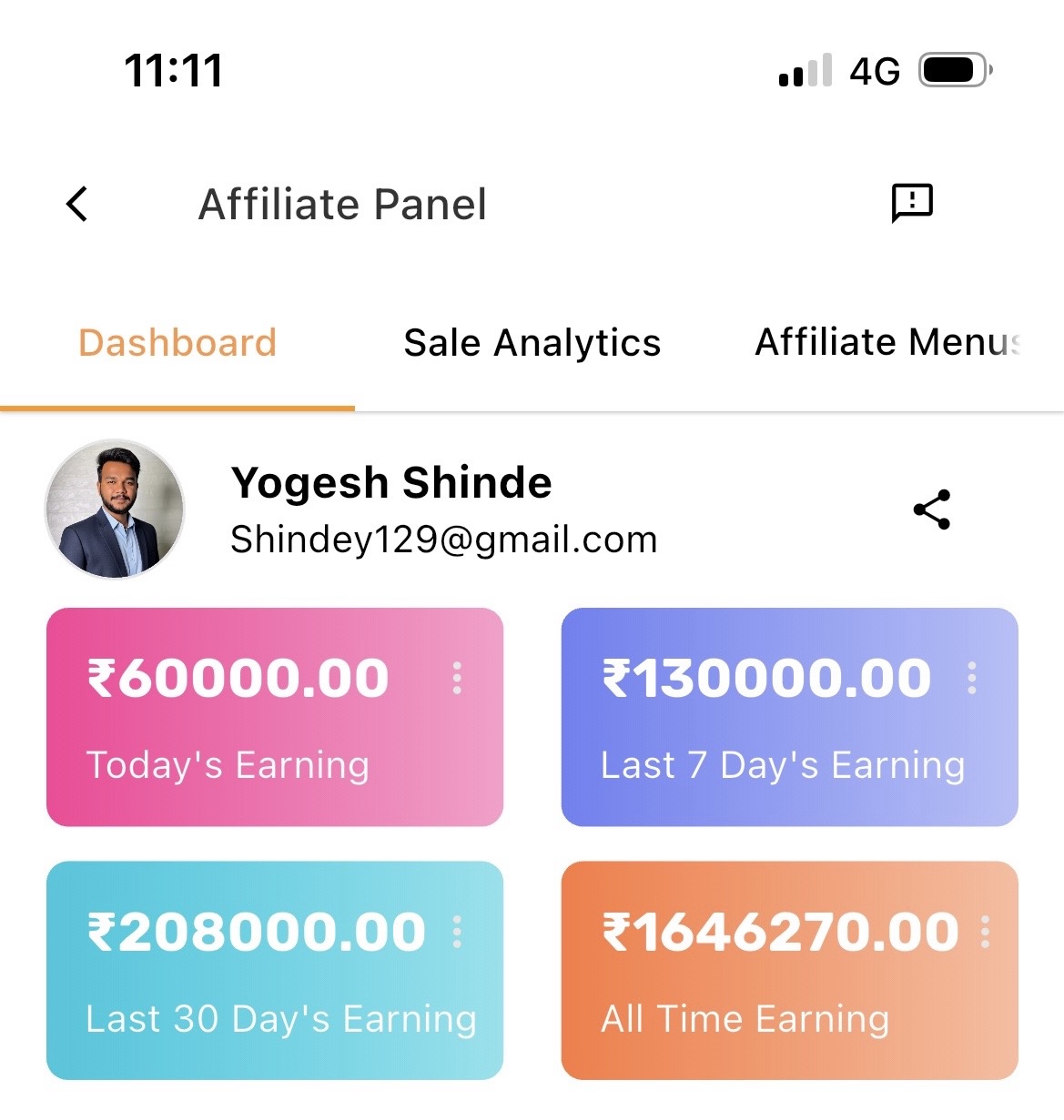 Affiliate Panel — Today ₹60,000 · 30 दिवसांत ₹2,08,000 · All time ₹16,46,270