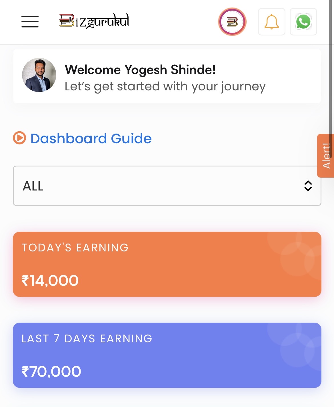 Bizgurukul Dashboard — Today ₹14,000 · Last 7 days ₹70,000