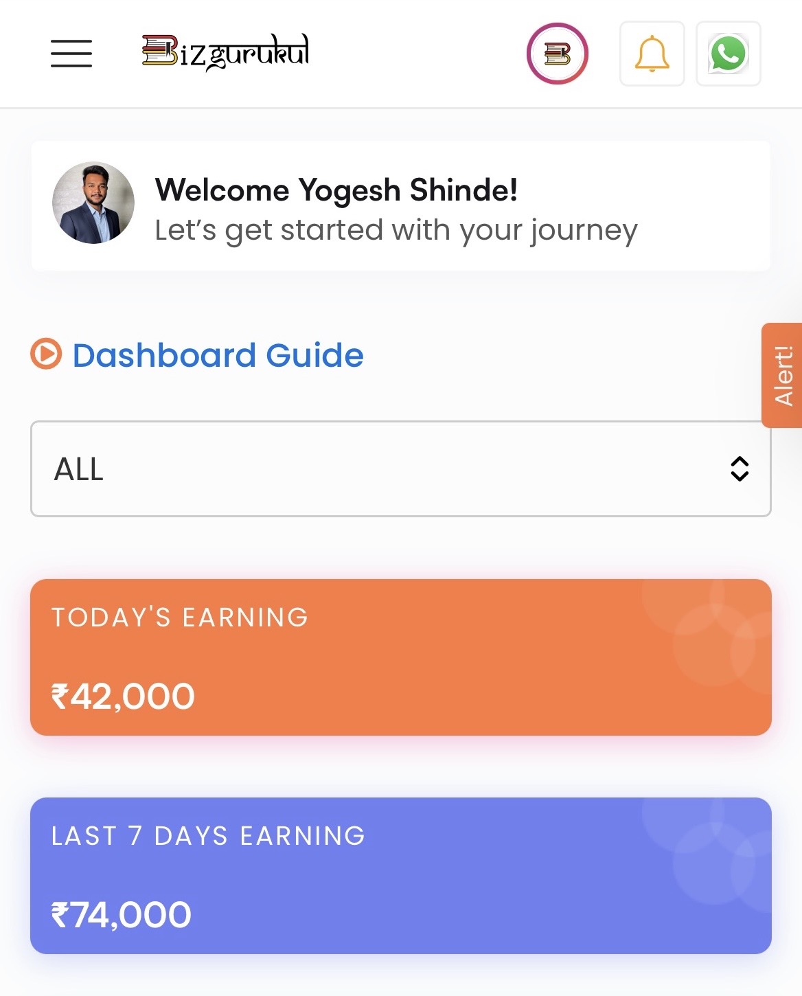 Bizgurukul Dashboard — Today ₹42,000 · Last 7 days ₹74,000